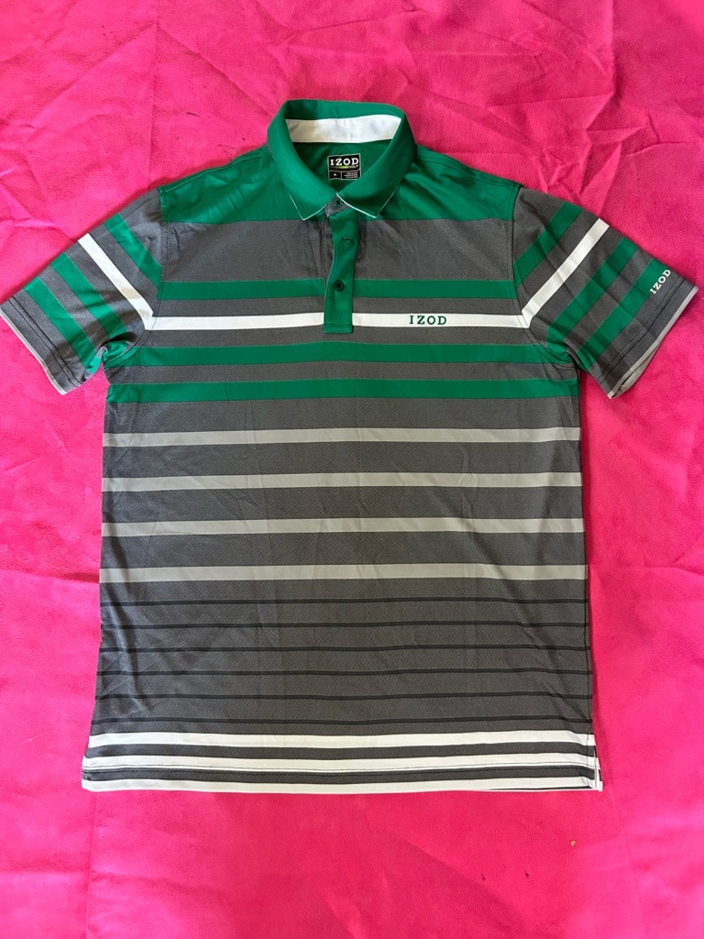 Izod Green and Gray Striped Performance Polo